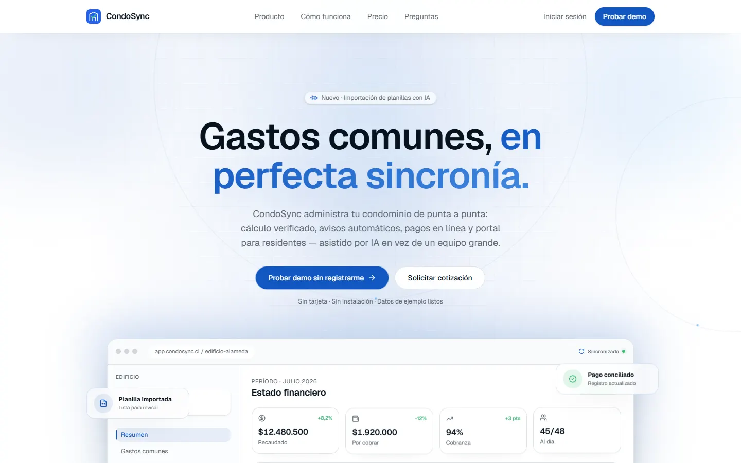 CondoSync homepage showing a condominium financial dashboard
