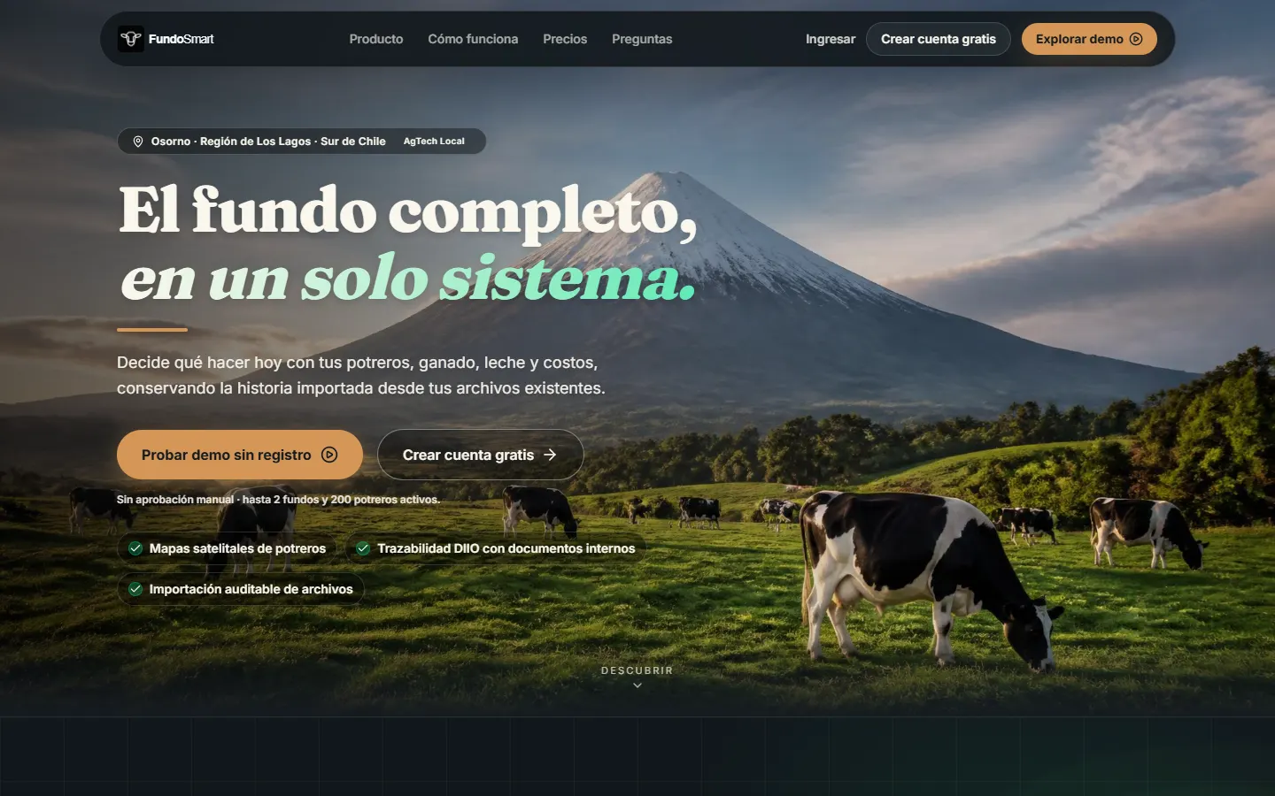 FundoSmart homepage showing cattle pasture below Osorno volcano
