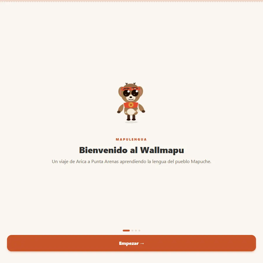 Mapulengua welcome screen with its pudú guide