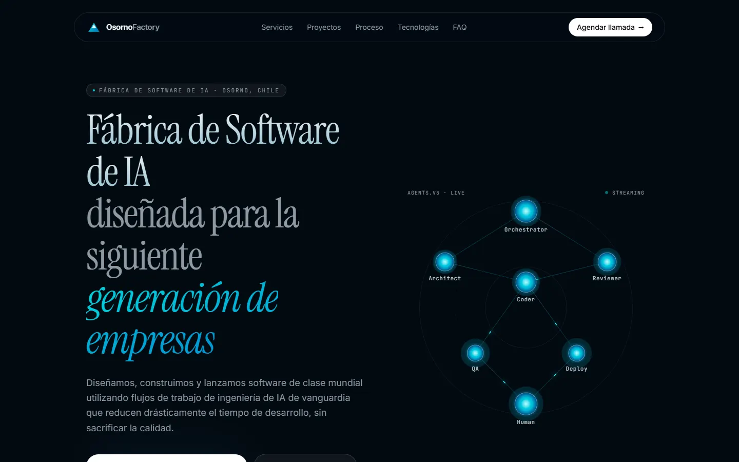OsornoFactory homepage showing an AI agent workflow
