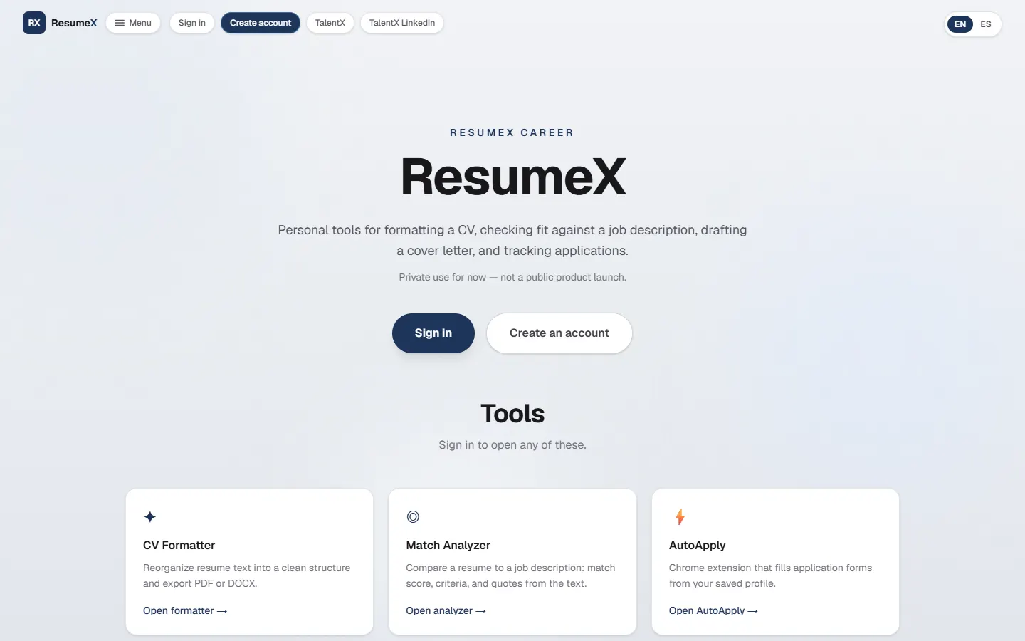 ResumeX workspace showing resume and job-search tools