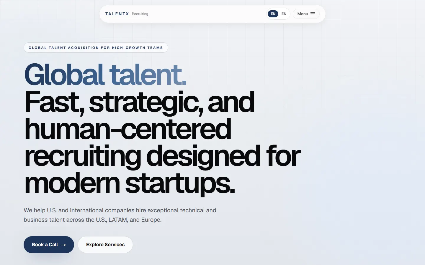 TalentX Recruiting homepage with a global talent acquisition headline